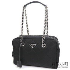 Prada Tessuto Triangle Chain Shoulder Bag Black Quilted Stitching Logo